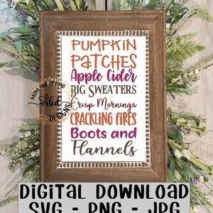 Fall Things Sign List SVG PNG JPEG jpg / Fall Life pompoenpatches, washandjes, appels, oogstvakantie gesneden bestand