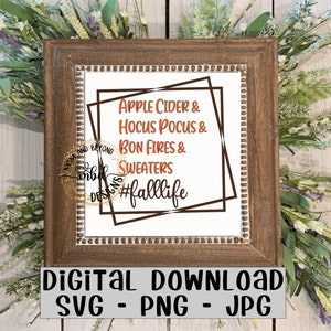 Fall Life-lijst SVG PNG JPEG jpg / #FallLife Squares Holiday Sign Cut-bestand