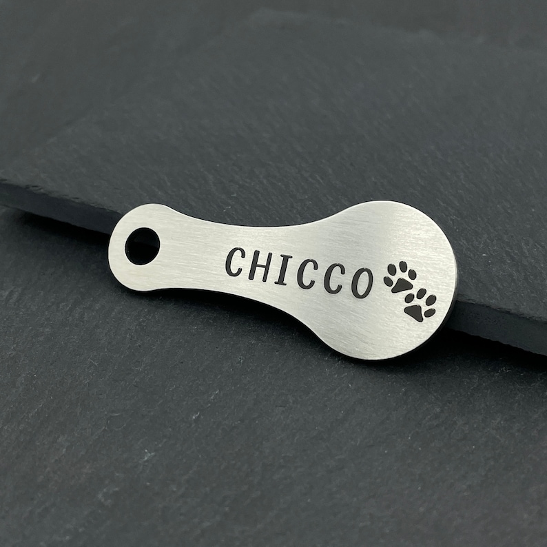 May include: Silver dog tag with the name "CHICCO" engraved on it and two paw prints.
