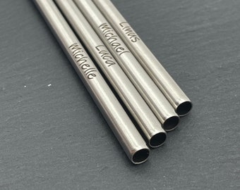 Personalized Drinking Straws with Name and Text, Set of 4, Stainless Steel Straws with Engraving, Party Favors, 22 cm Long / Ø 6 mm, Durable, with Cleaning Brush