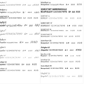 May include: A black and white image showing 25 different font styles with the text "Schriftart" and "Beispielext" followed by the number sequence 1234567890. The image is a guide to different font styles.