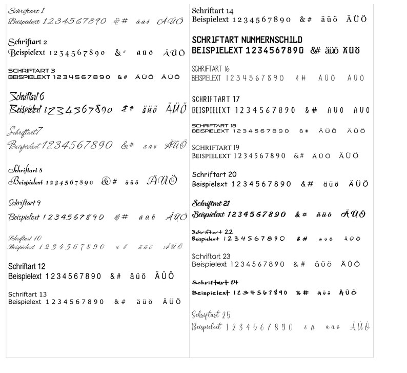 May include: A black and white image showing 25 different font styles with the text "Schriftart" and "Beispielext" followed by the number sequence 1234567890. The image is a guide to different font styles.