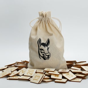 Eselspiel Holz | 121 Holzplättchen + 2 Ersatz im Baumwollbeutel Esel Spiel