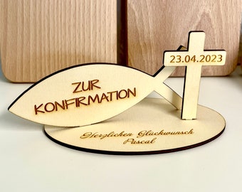 Geldgeschenk zur Konfirmation, Taufe, Kommunion | Fisch & Kreuz mit Namensgravur aus Holz | Geschenk aus Holz | Christlich