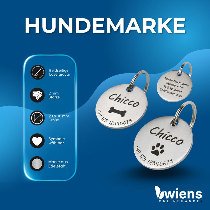 May include: Three circular stainless steel pet ID tags with split rings. The tags feature laser-engraved text including the name Chicco, a bone or paw print icon, and a phone number. A sidebar lists specifications: 2 mm thickness, 23 and 30 mm sizes.