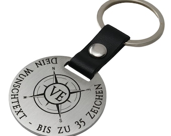 Schlüsselanhänger Windrose Koordinaten Kompass Initialen Rund D40 Personalisierbar mit Wunschtext aus Edelstahl incl. Geschenkverpackung