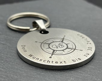 Keychain coordinates compass wind rose round D30 customizable with desired text made of stainless steel