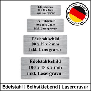 Könnte beinhalten: Vier rechteckige Edelstahlschilder mit schwarzer Beschriftung. Die Schilder tragen die Maße: 60 x 20 x 2 mm, 70 x 25 x 2 mm, 80 x 35 x 2 mm und 100 x 45 x 2 mm. Ein kreisförmiges Abzeichen mit der deutschen Flagge ist ebenfalls abgebildet.