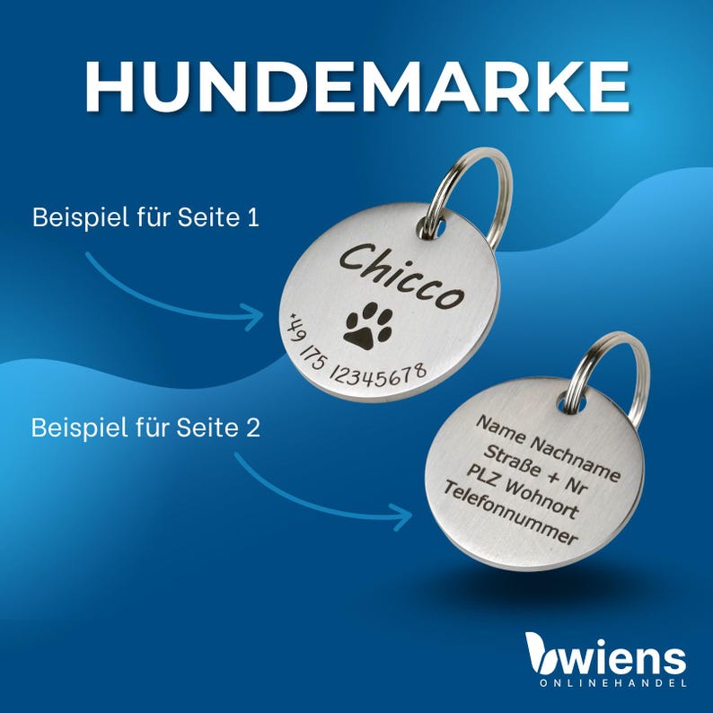 May include: Two circular silver-toned metal pet ID tags with metal rings. The first tag features the name Chicco, a paw print icon, and a phone number. The second tag displays placeholder text for name, address, postal code, city, and phone number.