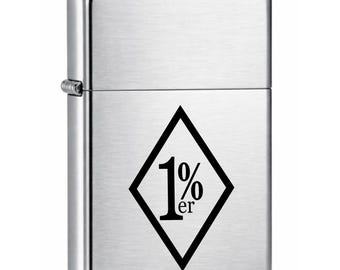 Zippo lighter engraved with 1% symbol – Brushed Chrome – Original Zippo petrol lighter – Biker Style