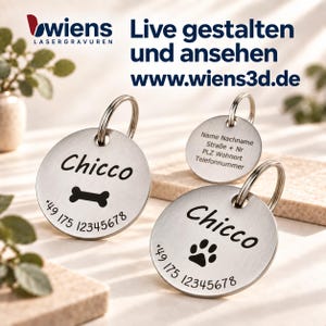 May include: Three circular silver-toned metal pet ID tags with split rings. Two tags feature the name Chicco, a bone or paw print icon, and a phone number. One tag shows placeholder text: Name Nachname, Stra&szlig;e + Nr, PLZ Wohnort, Telefonnummer.