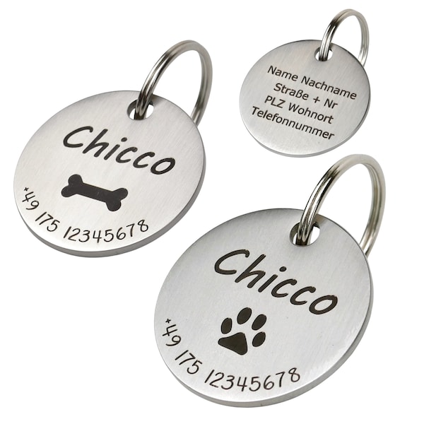 Dog tag with engraving Personalized with name, motifs, telephone number and address | Made of stainless steel in 2 sizes for dogs, cats and puppies