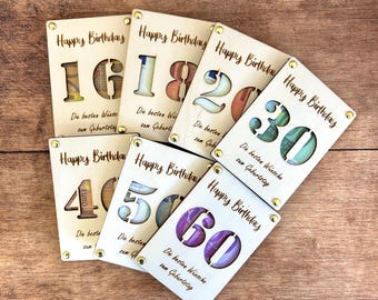 Wooden money gift - Money gift card | Happy Birthday - Birthday card 18, 20, 30, 40, 50, 60