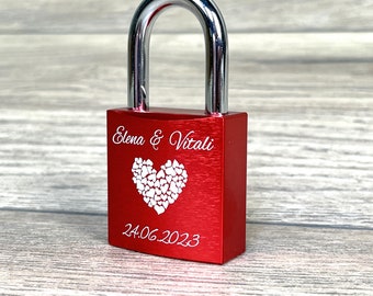 Cadenas d'amour personnalisé avec gravure, rouge, avec 60 motifs, cadeau de Saint-Valentin pour les couples avec noms et date, mariage, anniversaire, pendaison de crémaillère