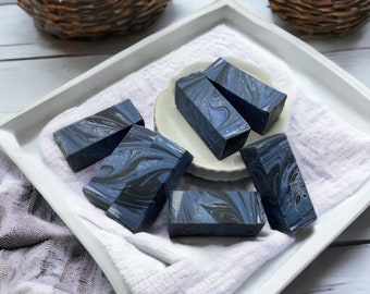 Blue Obsidian Scented Soap Samples- Exotic fruit scented soap swatches, Midnight Blue + Black Travel Soaps, Guest Sized Soap Bars, Gift Soap