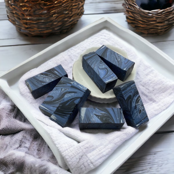 Blue Obsidian Scented Soap Samples- Exotic fruit scented soap swatches, Midnight Blue + Black Travel Soaps, Guest Sized Soap Bars, Gift Soap