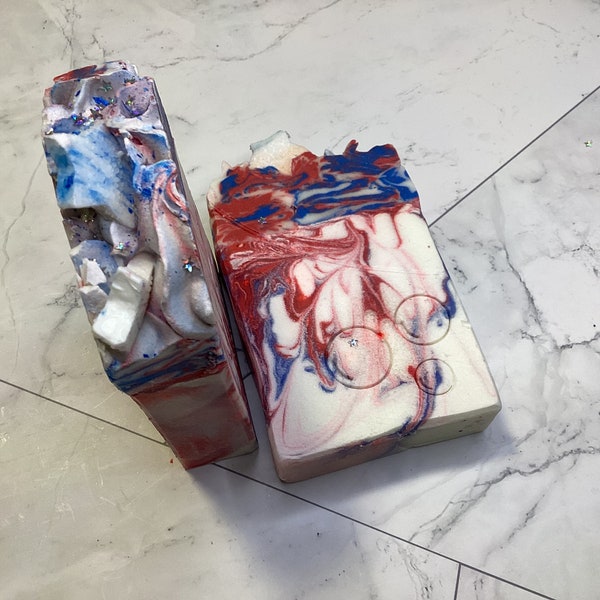 Red, White & Soapy-God Bless The USA Inspired Soap, Patriotic Designed Body Wash Soap Bar, Lime + Popsicle Scented Skin Cleanser, Fast Ship