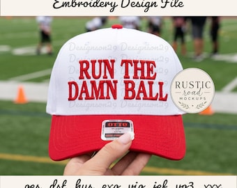 Design de bordado "Run the Damn Ball", download instantâneo de bordado para boné de futebol.