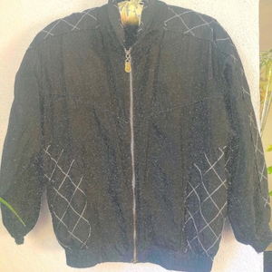 Vintage 100% Silk Fuda International Bomber Zip Up Jacket - Black Gold Stitching Small Petite 90s 80s