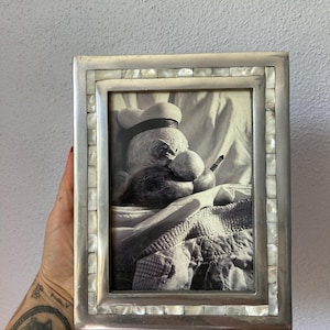 Antique Silver Mother of Pearl Frame - Square Table Vintage Glass Metal Easel Style Home Decor 9x7" Heavy