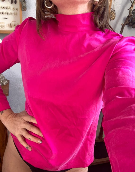 Vintage 100% Silk Blouse- Dana Buchman Neon Pink Magenta Mockneck Top- Size MEDIUM 10 Small Shirt Long Sleeve View 2
