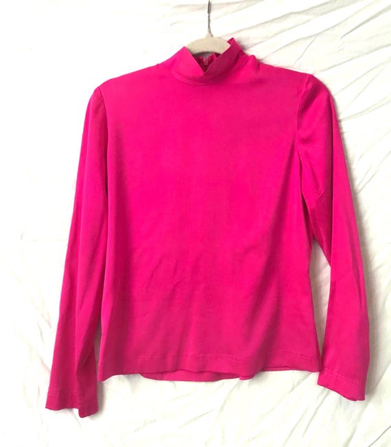 Vintage 100% Silk Blouse- Dana Buchman Neon Pink Magenta Mockneck Top- Size MEDIUM 10 Small Shirt Long Sleeve View 3