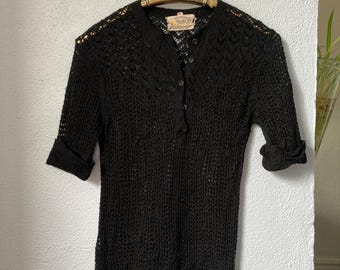 Vintage 50s Knit Sweater Top - Mesh Loose Knit Black- Bee by Banff  Blouse Collared Shirt- Size Medium See Through Net