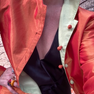 Vintage Reversible Silk Mandarin Collar Jacket: Burnt Orange, Rust, Lime Green. Top Blouse Button Up Shirt
