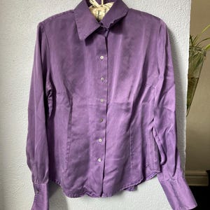 100% Silk Vintage Iridescent Purple  Blouse- 90s Size Small Medium - Audrey Talbott- Dagger Barrymore Collar Button Up Secretary Shirt