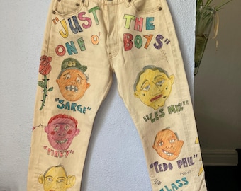 Vintage Hand Drawn Painted Jeans - Light Wash Denim Pants - Size 6- Small Medium Yearbook Signature Senior Cords