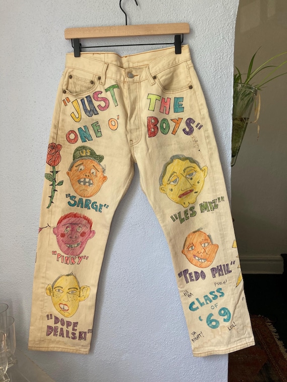 Vintage Hand Drawn Painted Jeans - Light Wash Denim Pants - Size 6 