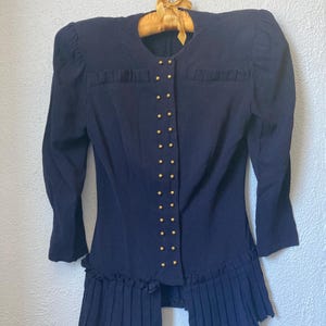 Vintage 1940s Blouse Jacket- Pleated Skirt- Shoulder Pads- Gold Beads Buttons Navy Blue Peplum Structured Antique