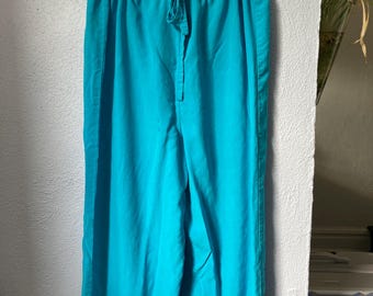 Vintage 100% Silk Teal Blue Green Drawstring Pants - Clio Loungewear Pajama Bottoms - Size Medium High Rise Elastic Waist