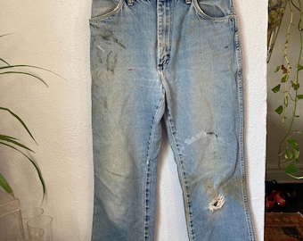 Vintage Wrangler High Waisted Denim Jeans: 70s 80s High Rise Pants (29x30) Straight Leg Thrashed Paint Holes Stains Small Medium