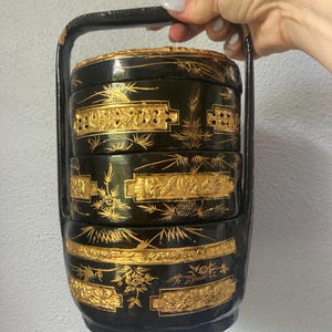 Antique 1900s Lacquered Black and Gold Chinese Wedding Basket Purse- Handbag Wooden Vintage Hand Painted Structural Bakul Siah Box