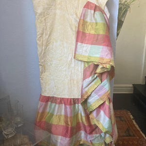 Vintage Silk Plaid  Dust Ruffle - Bed Skirt -Spring Colors Vintage Linens- Ruffled Fabric Material