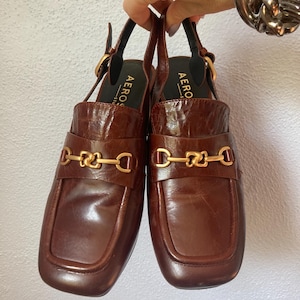 Vintage Platform Slingback 90s Heels Aerosoles - Square Toe Horse Bit Gold Hardware Size 8 8.5 Adjustable