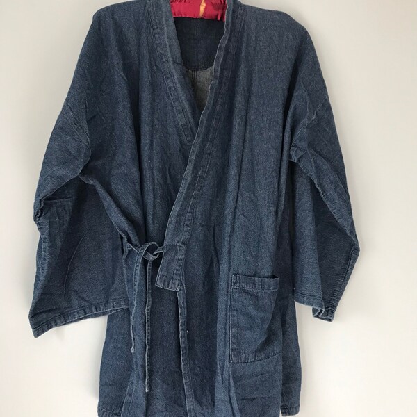 Vintage Cotton Blue Jean Denim Kimono Robe- Comfy Jacket - Japanese - Unisex One Size - Pockets - Medium Large