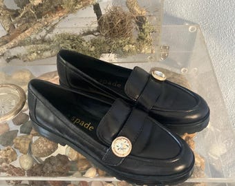 Kate Spade Posh Loafer Shoes Womens Size 9.5 Black Leather Lug Sole Slip On Chunky Heel Vintage Y2K 90s Style