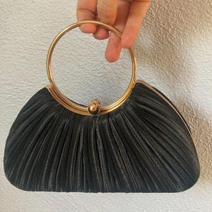 Vintage Black Pleated Satin Plisse Gold Circular Handle Purse- Top Handle Croissant Structural Box Bag Clutch