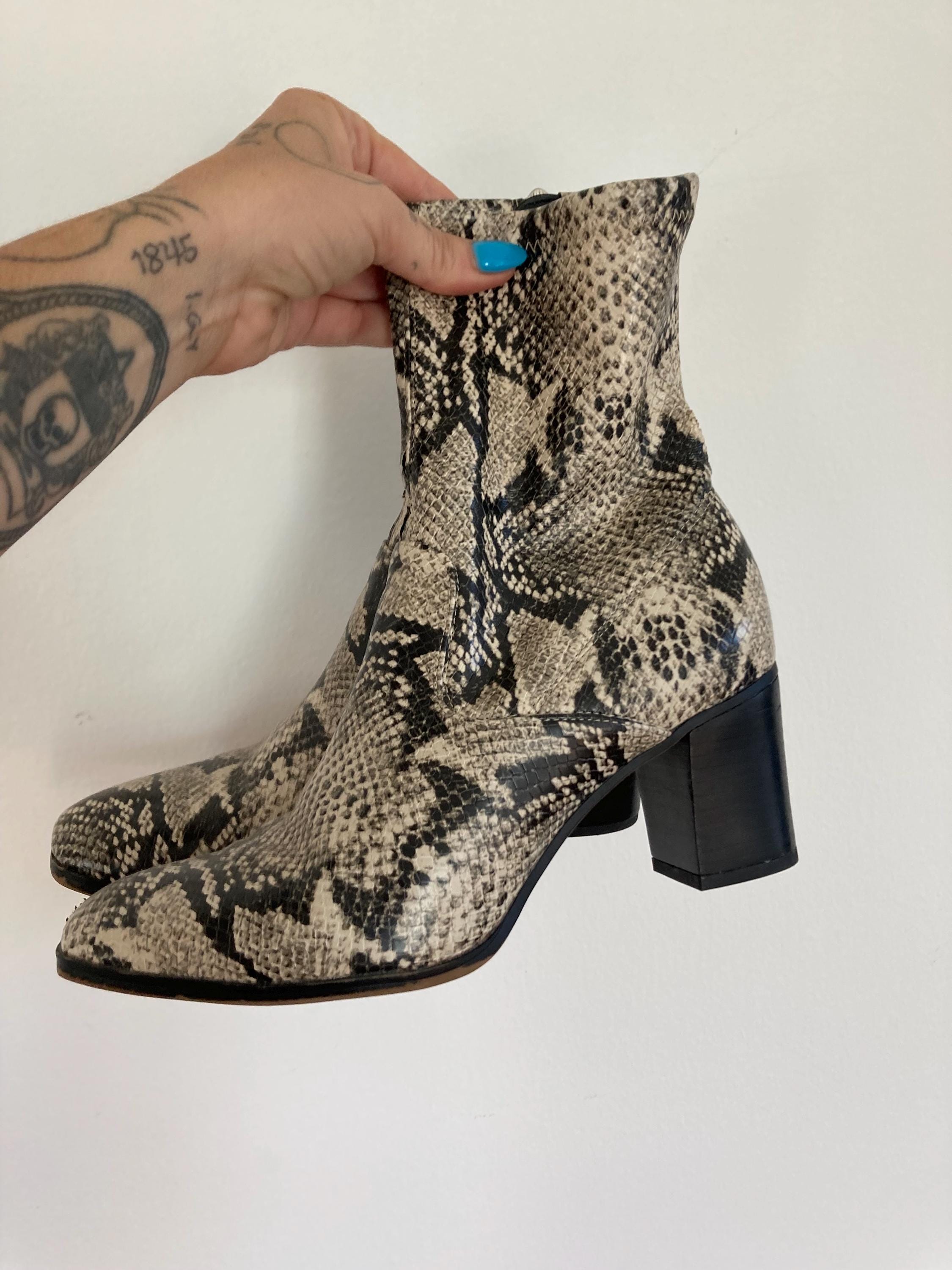 Block Heel Snake Print Boots Low Heel Snake Heel Boots