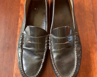 Vintage  Leather Black Woven Penny Loafers / Stacked Heel  /  Oxford Shoes-  Low Heel   Size  11.5 11 1/2 Leather Men's Shoes