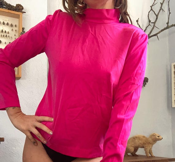 Vintage 100% Silk Blouse- Dana Buchman Neon Pink Magenta Mockneck Top- Size MEDIUM 10 Small Shirt Long Sleeve