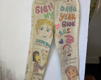 Vintage Hand Drawn Painted Jeans - Watch LA Light Beige Denim Pants - Size 2- Small Yearbook Signature Senior Cords
