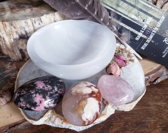 Kit d’activation de bol en cristal de sélénite - Quartz rose-FlowerAgate Palm Stone-Rhodonite-Plume- Ouverture de racine de cœur-Cadeau d’encens de lavande