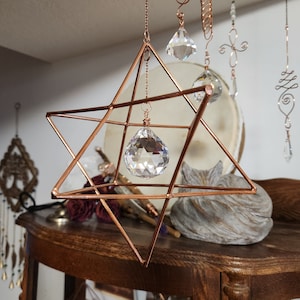 COPPER HANGING MERKABA with 40mm Clear Prism - Copper Wire- Energy Conductor- Alchemy - High Vibrational - Sacred Geometry- New Home Gift