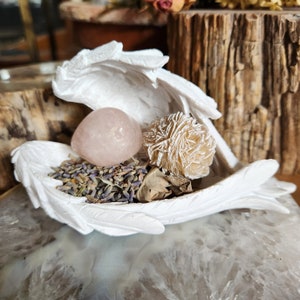 ANGEL WING GIFT Set- White Bowl- Desert Rose and Rose Quartz Crystal Holder- Ring Dish-Mothers Day Gift-Small Bowl-White Wings-Angel Decor