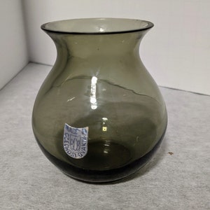 Petite (3 1/4&quot;) Czechoslovakian Smoked Glass Vase - Labelled - Mid-Century Modern - Vintage Czech