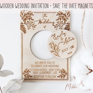 Floral Wedding Invitation Personalised Custom Invites Minimal Invitation Wooden Leaves Rustic Boho Nature Leaf Engraved Save the Date Magnet
