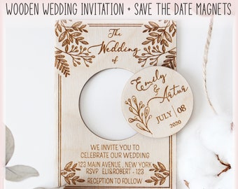 Floral Wedding Invitation Personalised Custom Invites Minimal Invitation Wooden Leaves Rustic Boho Nature Leaf Engraved Save the Date Magnet